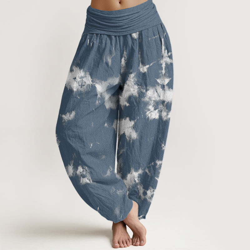 Buddha Stones White Lines Spots Tie-Dye Pattern Women's Elastic Waist Harem Pants