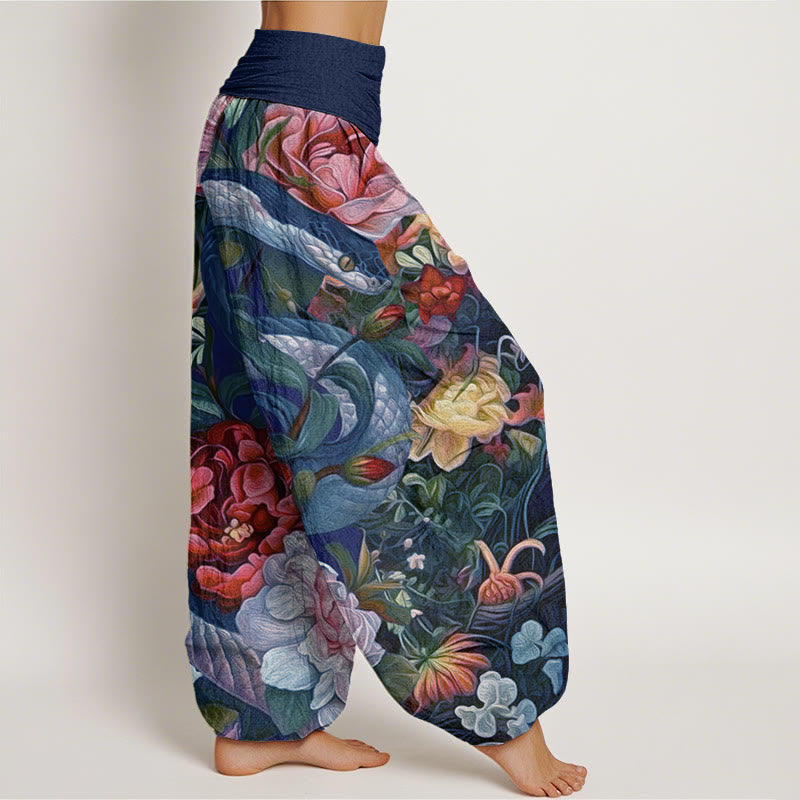 Buddha Stones Snake Peony Flowers Leaf Pattern Women's Elastic Waist Harem Pants