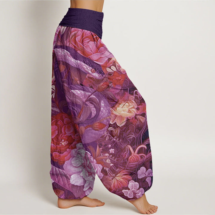 Buddha Stones Snake Peony Flowers Leaf Pattern Women's Elastic Waist Harem Pants