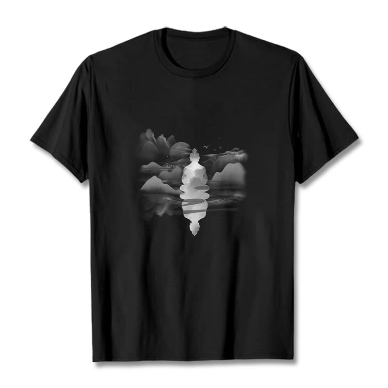 Buddha Stones Meditating Buddha Sitting In Mountains Pattern Cotton Tee T-shirt - Black - 2XL - image 1