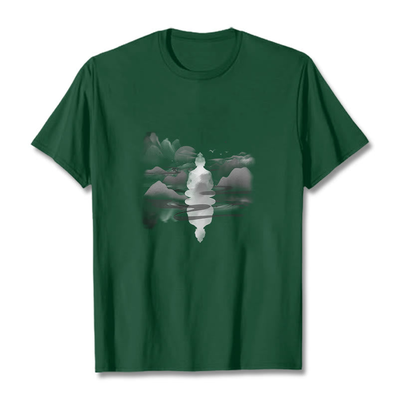 Buddha Stones Meditating Buddha Sitting In Mountains Pattern Cotton Tee T-shirt - Forest Green - 2XL - image 11