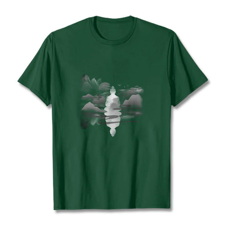 Buddha Stones Meditating Buddha Sitting In Mountains Pattern Cotton Tee T-shirt - Forest Green - 2XL - image 11