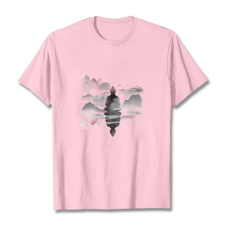Buddha Stones Meditating Buddha Sitting In Mountains Pattern Cotton Tee T-shirt - Light Pink - 2XL - image 9