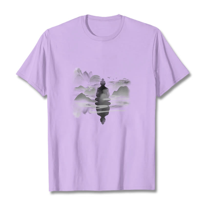 Buddha Stones Meditating Buddha Sitting In Mountains Pattern Cotton Tee T-shirt - Plum - 2XL - image 15