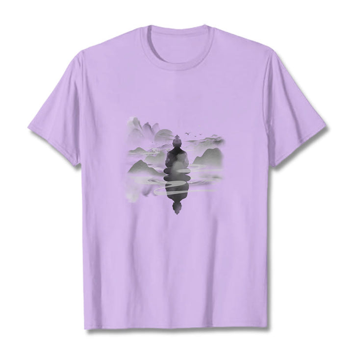 Buddha Stones Meditating Buddha Sitting In Mountains Pattern Cotton Tee T-shirt - Plum - 2XL - image 15