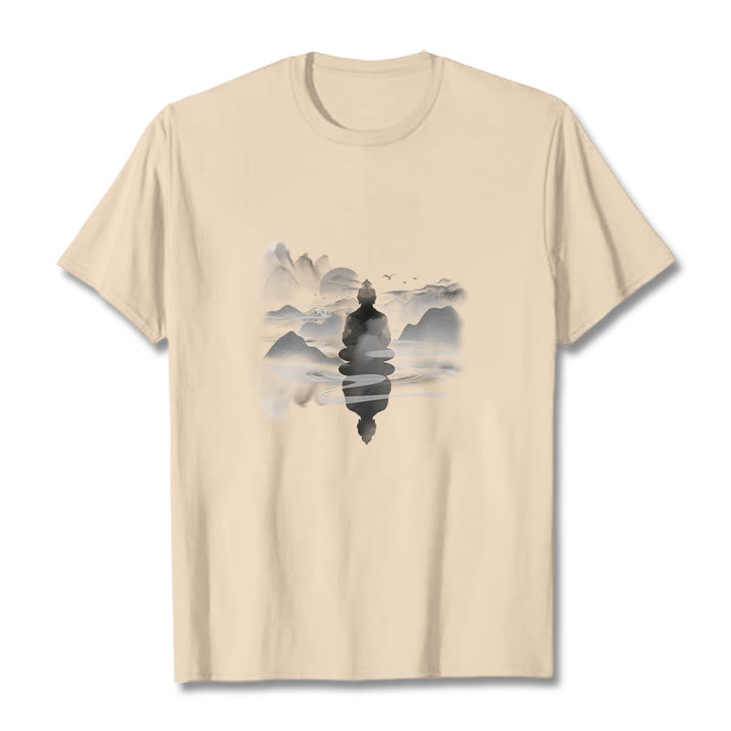 Buddha Stones Meditating Buddha Sitting In Mountains Pattern Cotton Tee T-shirt - Bisque - 2XL - image 17