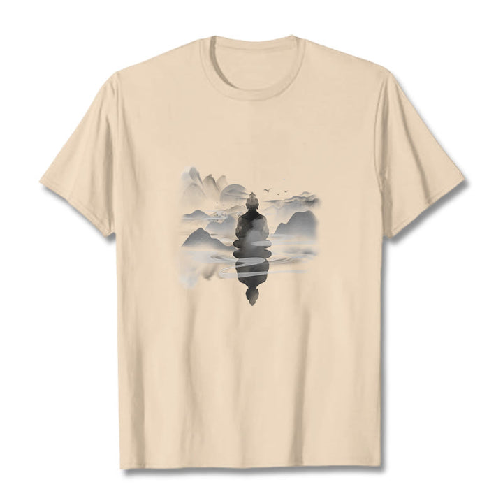 Buddha Stones Meditating Buddha Sitting In Mountains Pattern Cotton Tee T-shirt - Bisque - 2XL - image 17