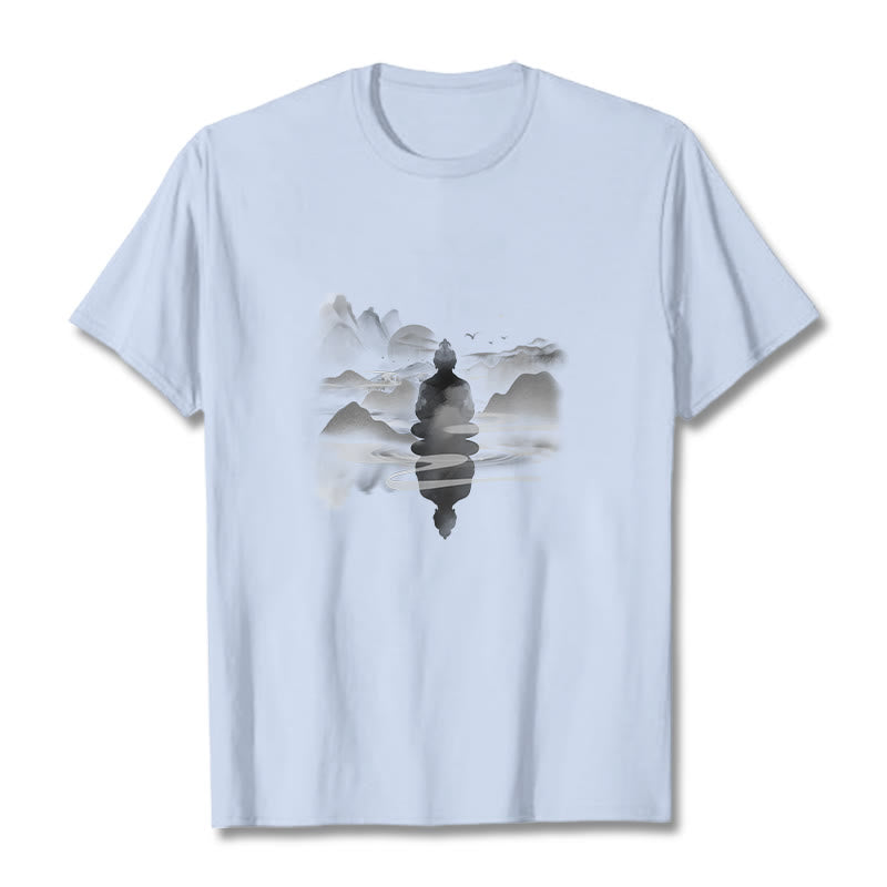 Buddha Stones Meditating Buddha Sitting In Mountains Pattern Cotton Tee T-shirt - Light Cyan - 2XL - image 19