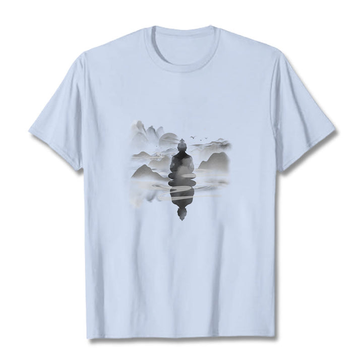 Buddha Stones Meditating Buddha Sitting In Mountains Pattern Cotton Tee T-shirt - Light Cyan - 2XL - image 19