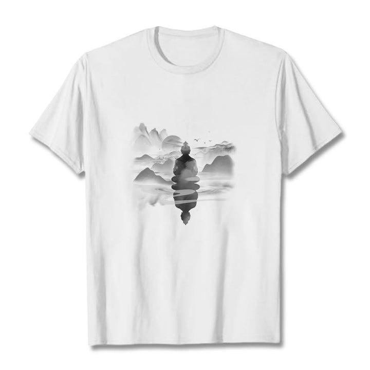 Buddha Stones Meditating Buddha Sitting In Mountains Pattern Cotton Tee T-shirt - White - 2XL - image 6