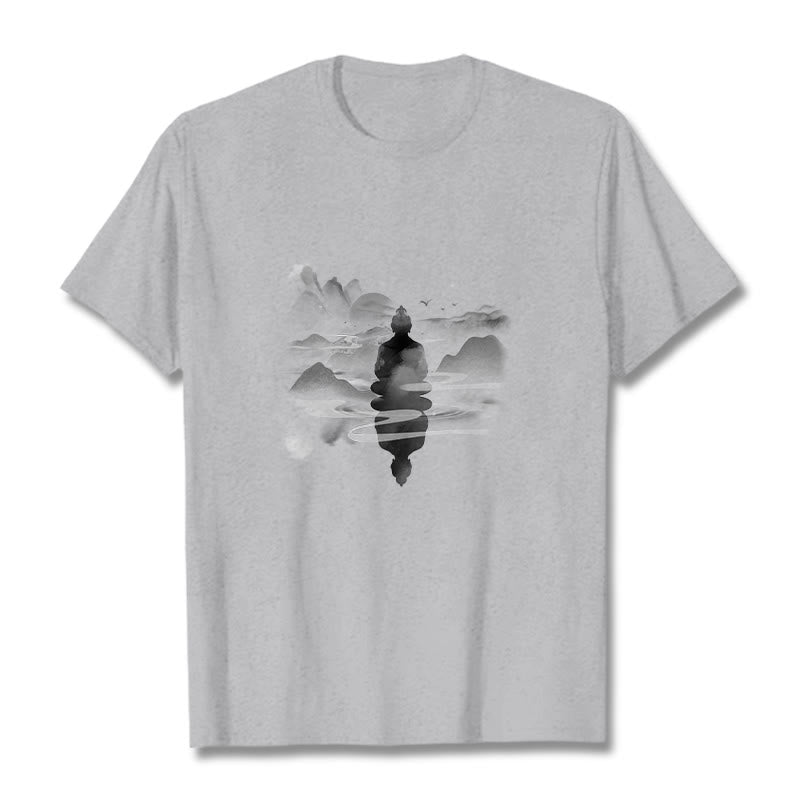 Buddha Stones Meditating Buddha Sitting In Mountains Pattern Cotton Tee T-shirt - Light Grey - 2XL - image 20