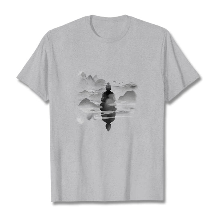 Buddha Stones Meditating Buddha Sitting In Mountains Pattern Cotton Tee T-shirt - Light Grey - 2XL - image 20