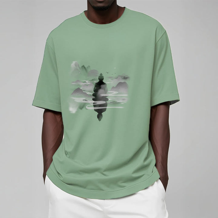 Buddha Stones Meditating Buddha Sitting In Mountains Pattern Cotton Tee T-shirt - image 14