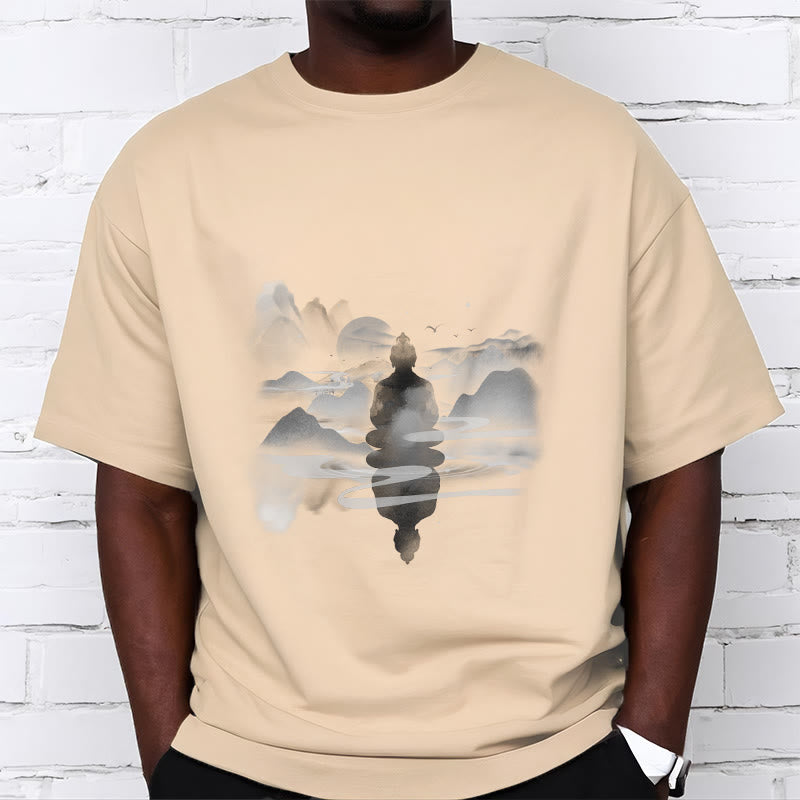 Buddha Stones Meditating Buddha Sitting In Mountains Pattern Cotton Tee T-shirt - image 18