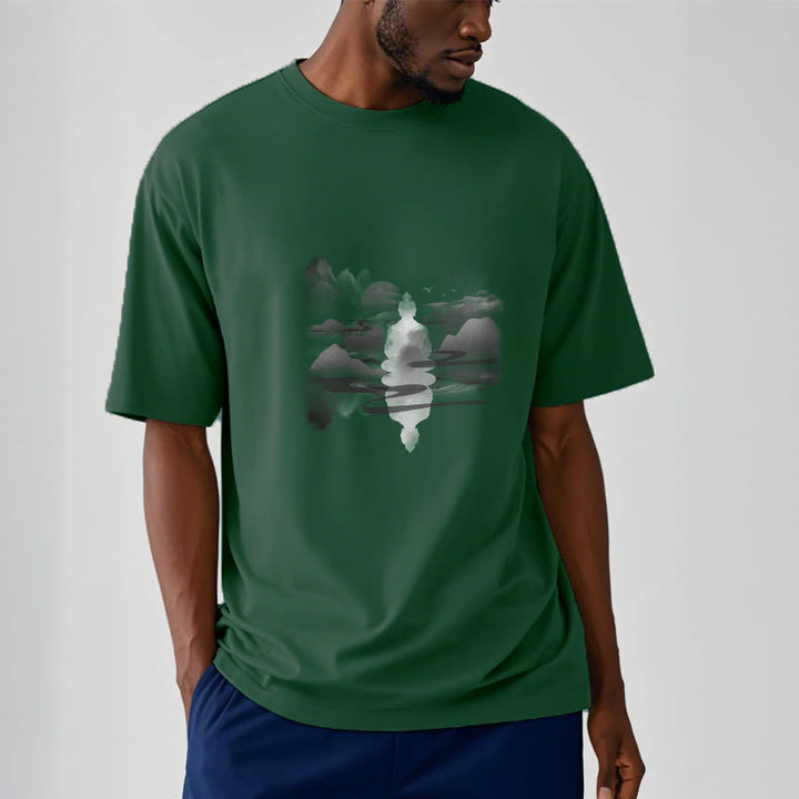 Buddha Stones Meditating Buddha Sitting In Mountains Pattern Cotton Tee T-shirt