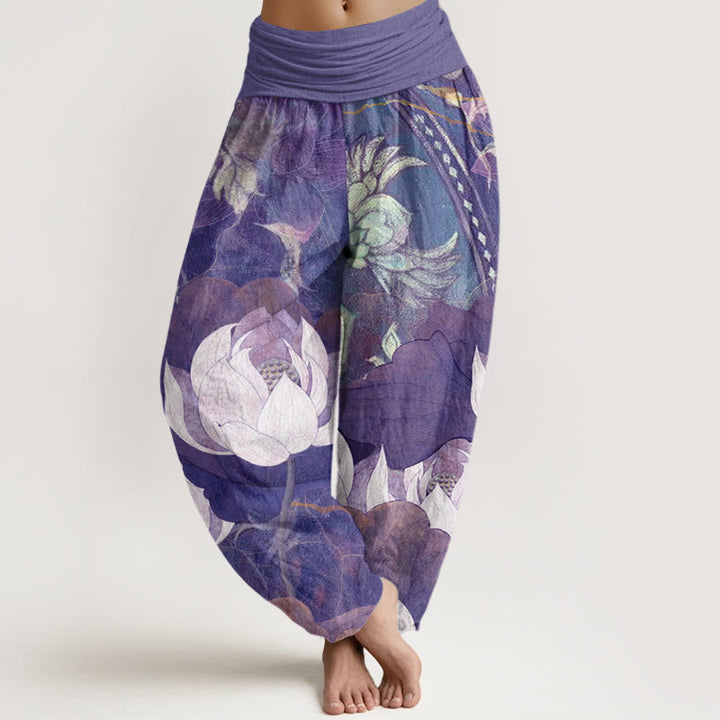 Buddha Stones Cotton White Lotus Leaves Pattern Casual Women's Elastic Waist Harem Pants - MediumPurple - US22，UK/AU26，EU54 (6XL) - image 5