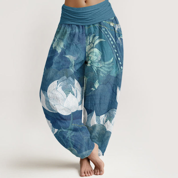 Buddha Stones Cotton White Lotus Leaves Pattern Casual Women's Elastic Waist Harem Pants - SteelBlue - US22，UK/AU26，EU54 (6XL) - image 4