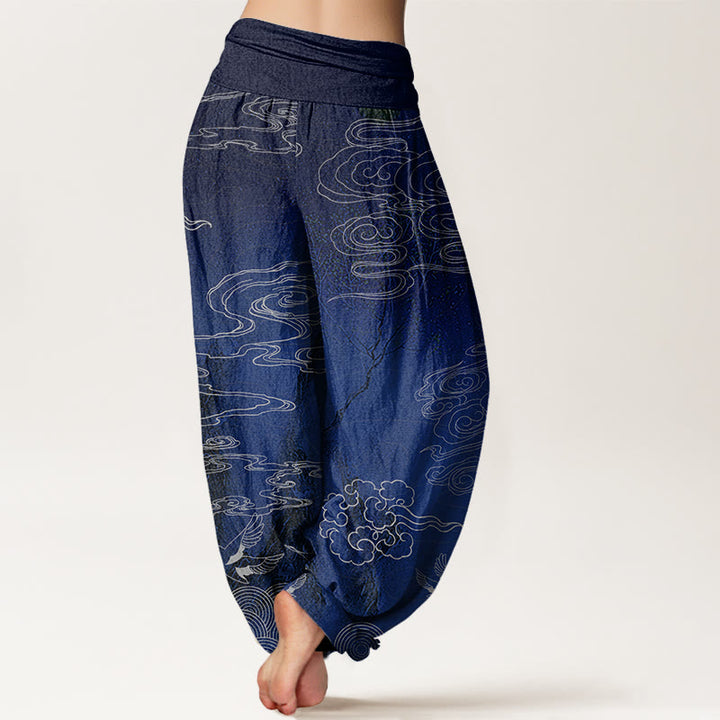 Buddha Stones White Auspicious Clouds Birds Tree Pattern Women's Elastic Waist Harem Pants