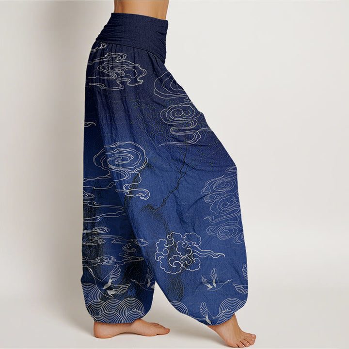 Buddha Stones White Auspicious Clouds Birds Tree Pattern Women's Elastic Waist Harem Pants - image 1