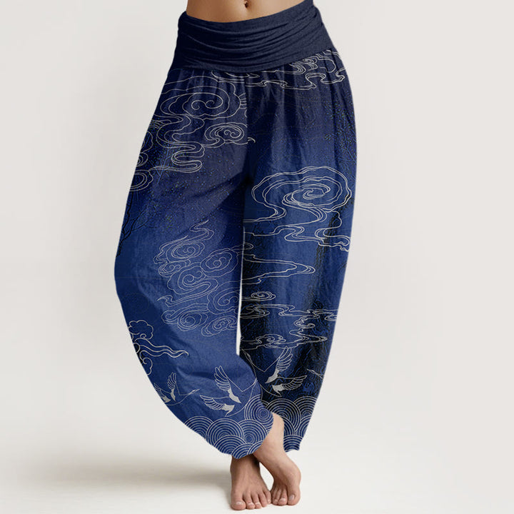 Buddha Stones White Auspicious Clouds Birds Tree Pattern Women's Elastic Waist Harem Pants