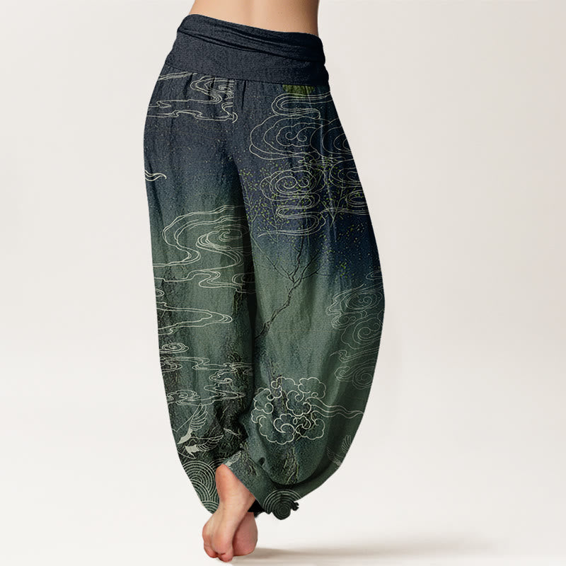 Buddha Stones White Auspicious Clouds Birds Tree Pattern Women's Elastic Waist Harem Pants - image 7