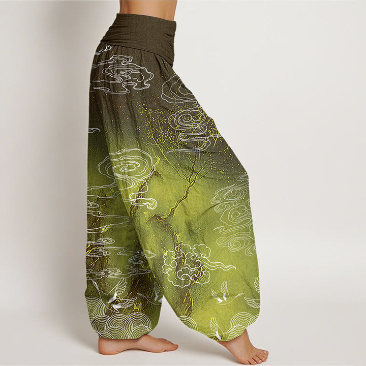 Buddha Stones White Auspicious Clouds Birds Tree Pattern Women's Elastic Waist Harem Pants - image 9