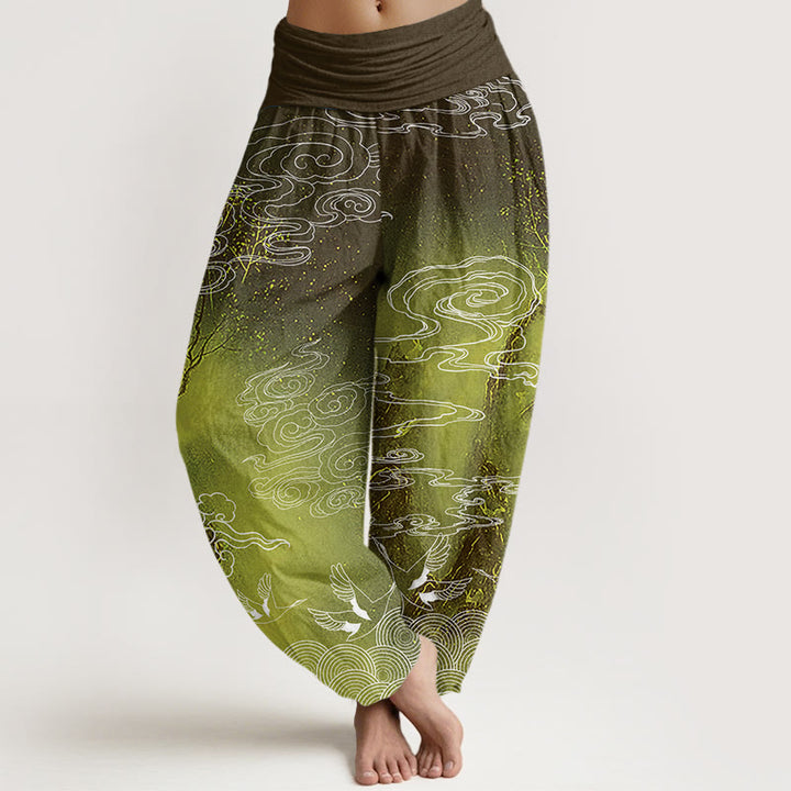 Buddha Stones White Auspicious Clouds Birds Tree Pattern Women's Elastic Waist Harem Pants