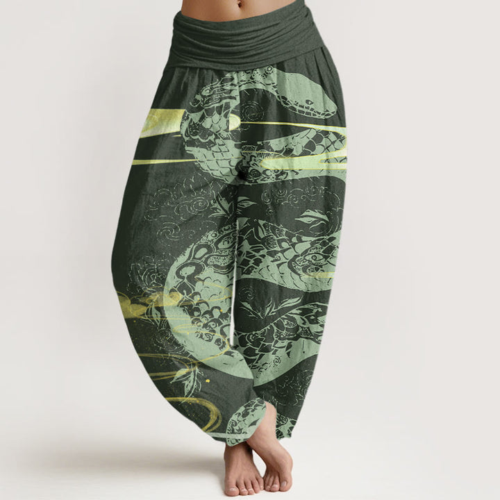 Buddha Stones Auspicious Clouds With Snake Pattern Women's Elastic Waist Harem Pants - ForestGreen - US22，UK/AU26，EU54 (6XL) - image 5