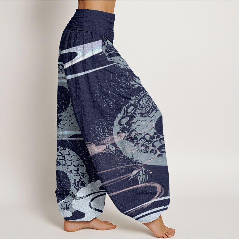 Buddha Stones Auspicious Clouds With Snake Pattern Women's Elastic Waist Harem Pants