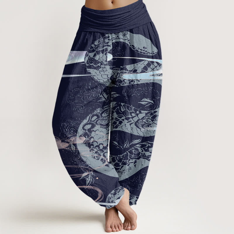 Buddha Stones Auspicious Clouds With Snake Pattern Women's Elastic Waist Harem Pants - DarkBlue - US22，UK/AU26，EU54 (6XL) - image 8