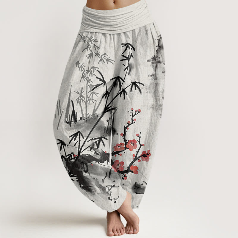 Buddha Stones Cotton Plum Blossoms Bamboo Orchids Chrysanthemums Pattern Women's Elastic Waist Harem Pants - LightGrey - US22，UK/AU26，EU54 (6XL) - image 0