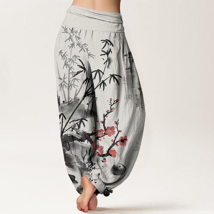 Buddha Stones Plum Blossoms Bamboo Orchids Chrysanthemums Pattern Women's Elastic Waist Harem Pants