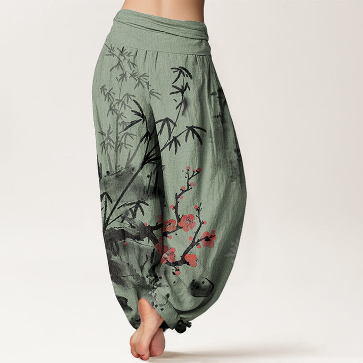 Buddha Stones Plum Blossoms Bamboo Orchids Chrysanthemums Pattern Women's Elastic Waist Harem Pants - image 7