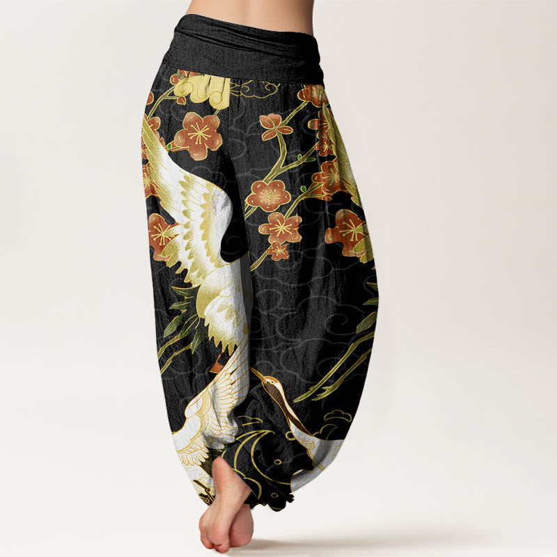 Buddha Stones Cranes Flowers Auspicious Clouds pattern Women's Elastic Waist Harem Pants