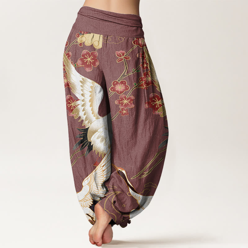 Buddha Stones Cranes Flowers Auspicious Clouds pattern Women's Elastic Waist Harem Pants