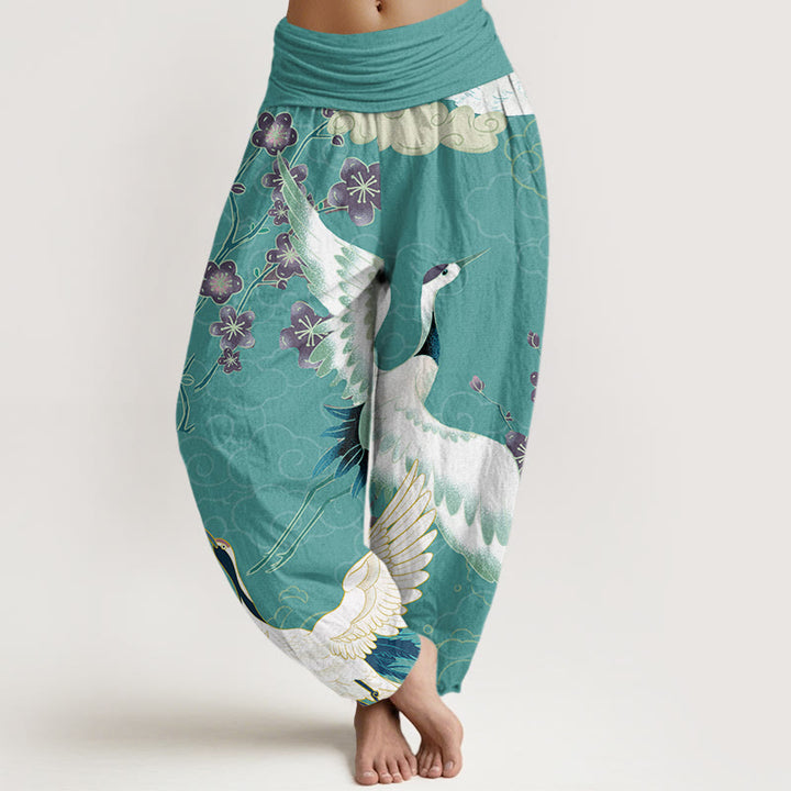 Buddha Stones Cranes Flowers Auspicious Clouds pattern Women's Elastic Waist Harem Pants - Turquoise - US22，UK/AU26，EU54 (6XL) - image 8