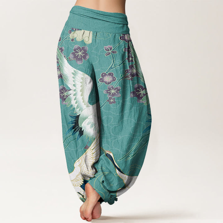 Buddha Stones Cranes Flowers Auspicious Clouds pattern Women's Elastic Waist Harem Pants - image 10
