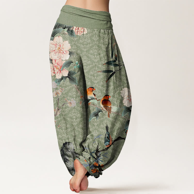 Buddha Stones Warbler Bird Blooming Flower Branches Mandala Pattern Women's Elastic Waist Harem Pants - image 3