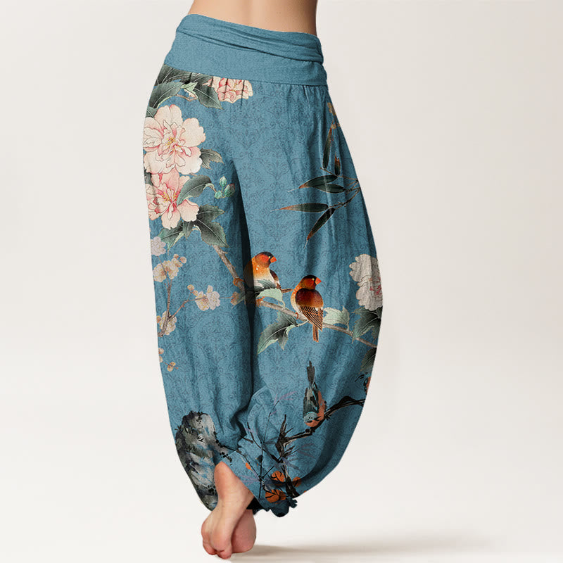 Buddha Stones Warbler Bird Blooming Flower Branches Mandala Pattern Women's Elastic Waist Harem Pants