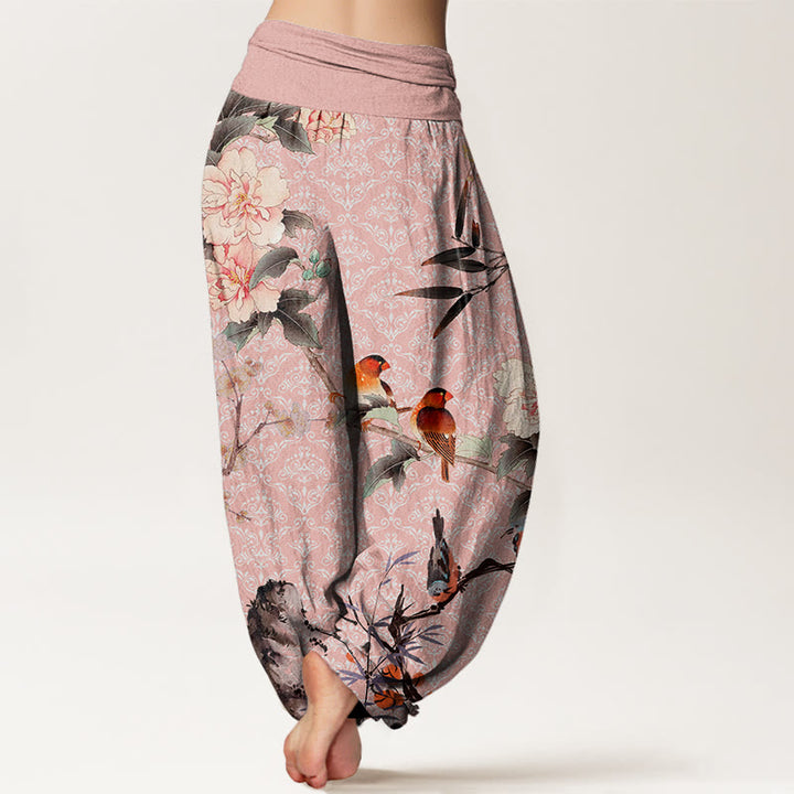 Buddha Stones Cotton Warbler Bird Blooming Flower Branches Mandala Pattern Women's Elastic Waist Harem Pants - image 9