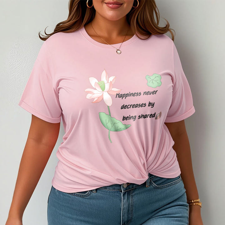 Buddha Stones Lotus Flower Leaf Pattern HAPPINESS NEVER DECREASES BY BEING SHARED Cotton Tee T-shirt