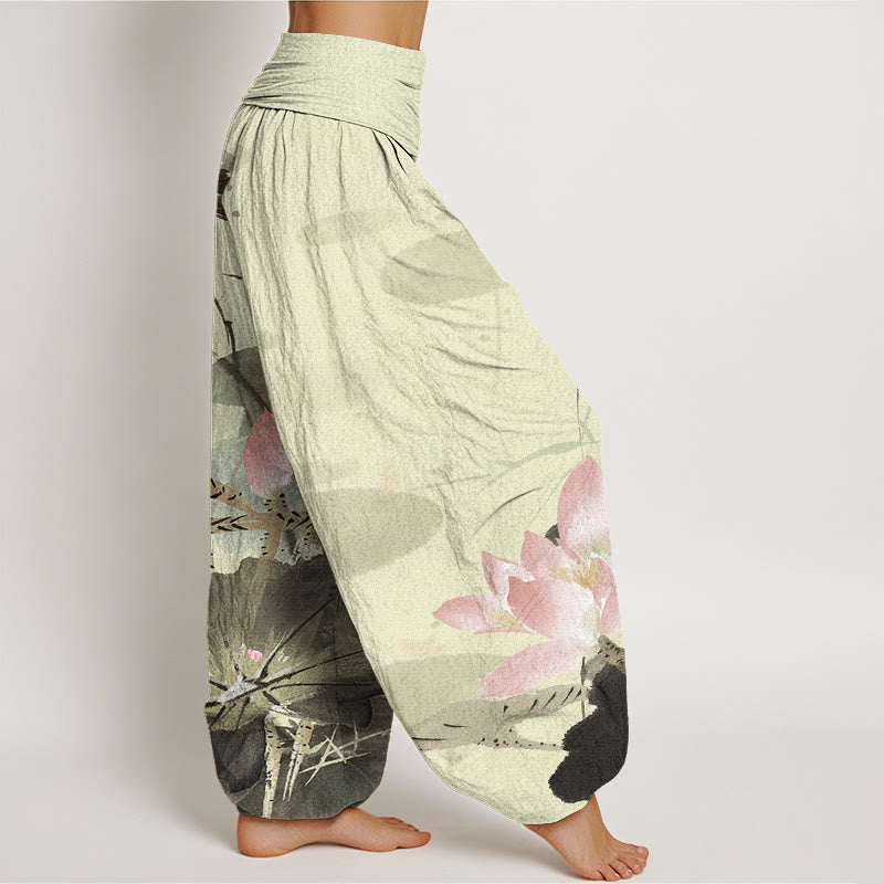 Buddha Stones Pink Lotus Leaves Bird Pattern Women's Elastic Waist Harem Pants