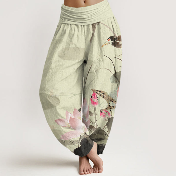 Buddha Stones Pink Lotus Leaves Bird Pattern Women's Elastic Waist Harem Pants