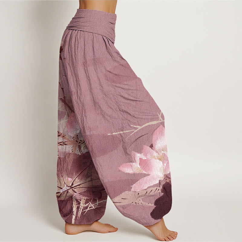 Buddha Stones Pink Lotus Leaves Bird Pattern Women's Elastic Waist Harem Pants