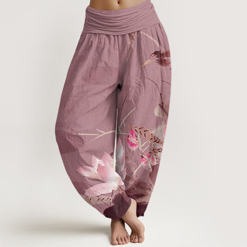 Buddha Stones Pink Lotus Leaves Bird Pattern Women's Elastic Waist Harem Pants