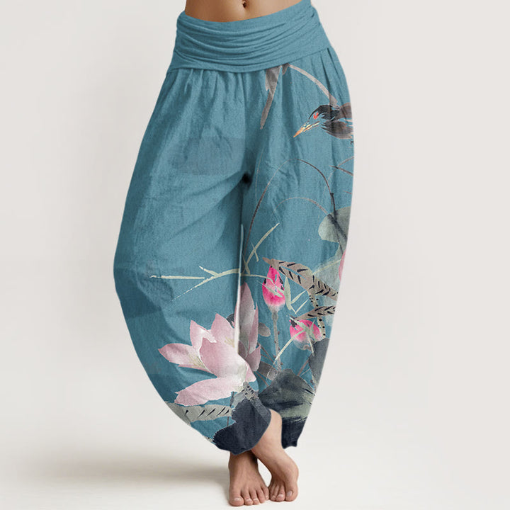 Buddha Stones Pink Lotus Leaves Bird Pattern Women's Elastic Waist Harem Pants