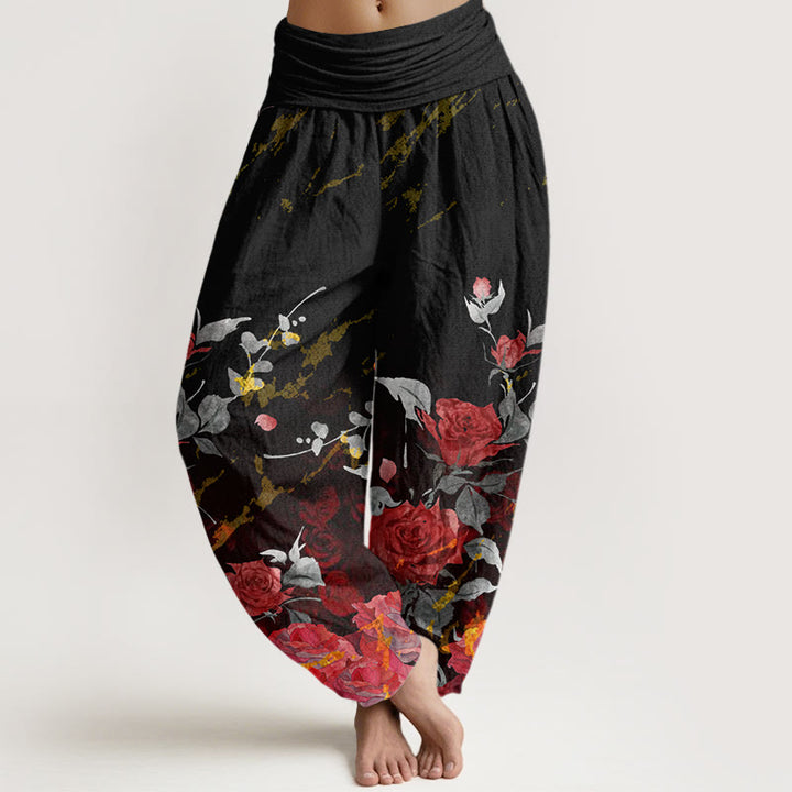 Buddha Stones Blooming Roses Pattern Women's Elastic Waist Harem Pants