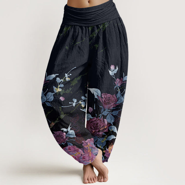 Buddha Stones Blooming Roses Pattern Women's Elastic Waist Harem Pants