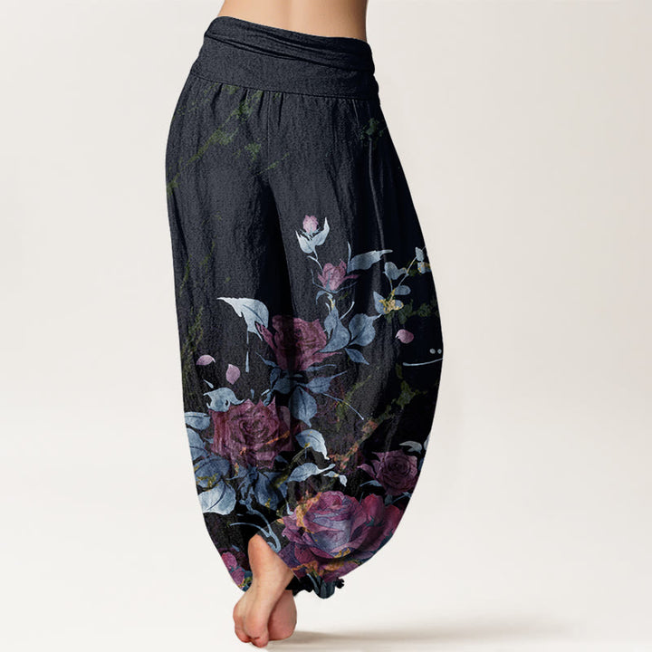 Buddha Stones Blooming Roses Pattern Women's Elastic Waist Harem Pants - image 7
