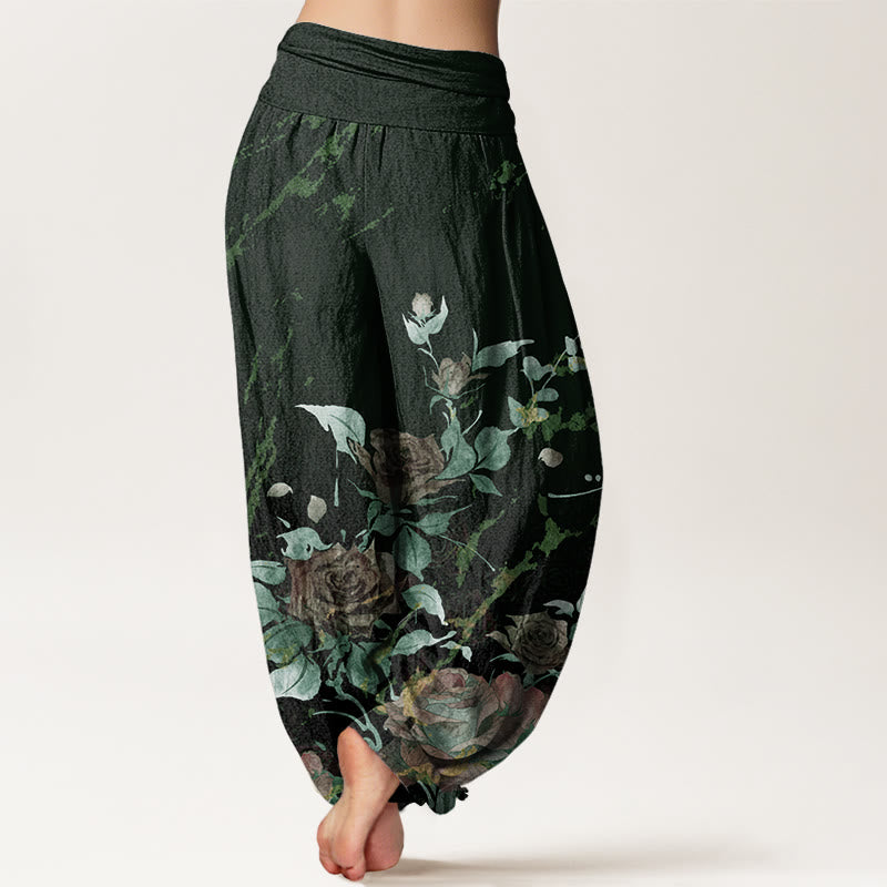 Buddha Stones Cotton Blooming Roses Pattern Women's Elastic Waist Harem Pants - image 9